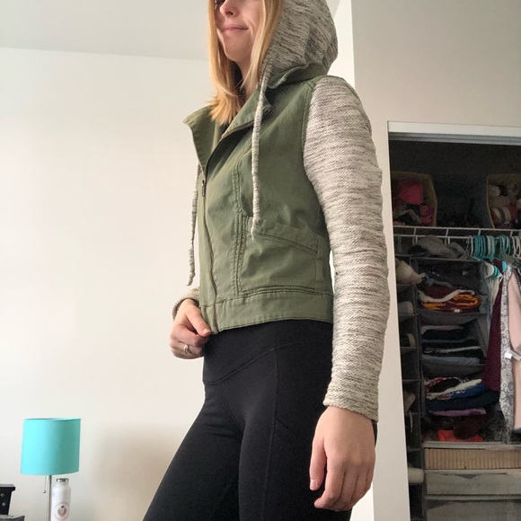 Angular Zip Up Mixed Fabric Hooded Jacket - Picture 2 of 2